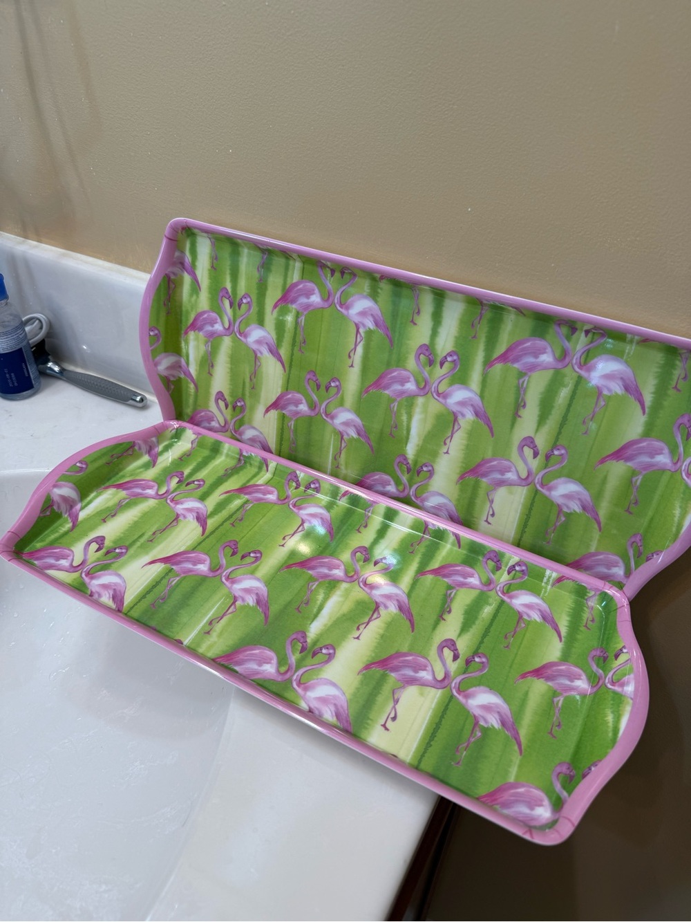 Cynthia Rowley Pink Flamingo Bath Caddy Tray - Pink & Green set of 2